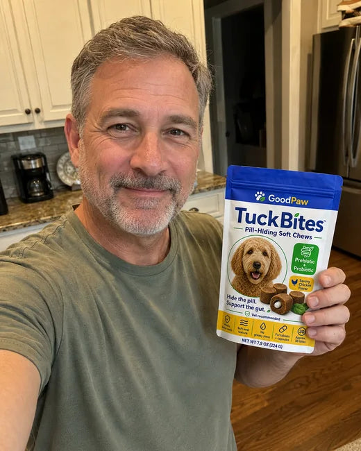 David holding a GoodPaw TuckBites pouch
