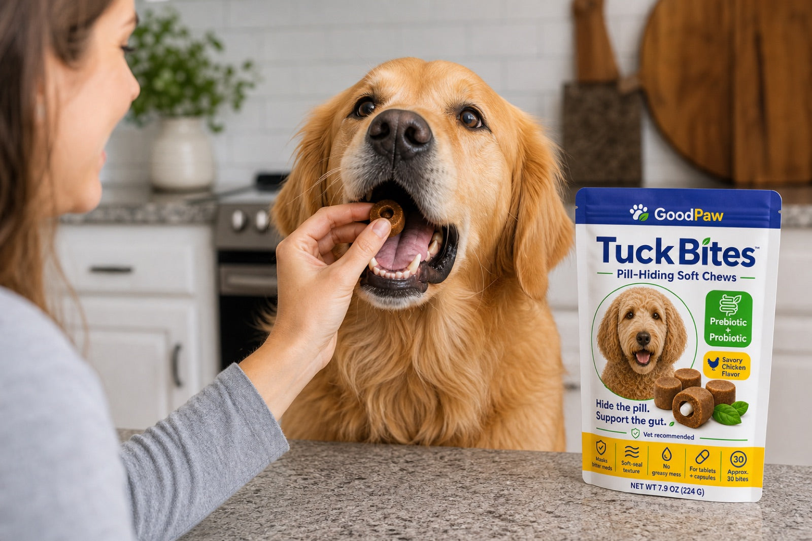 Happy dog eating a TuckBites chew from an owner's hand