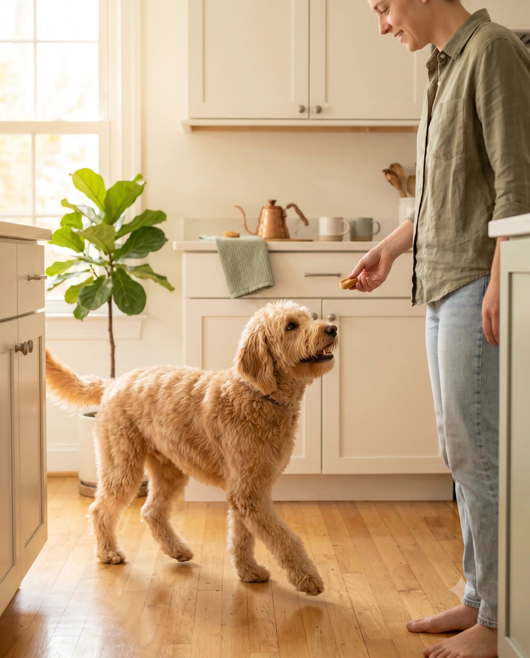 Owner calmly offering a TuckBites-style chew to a dog in a bright kitchen