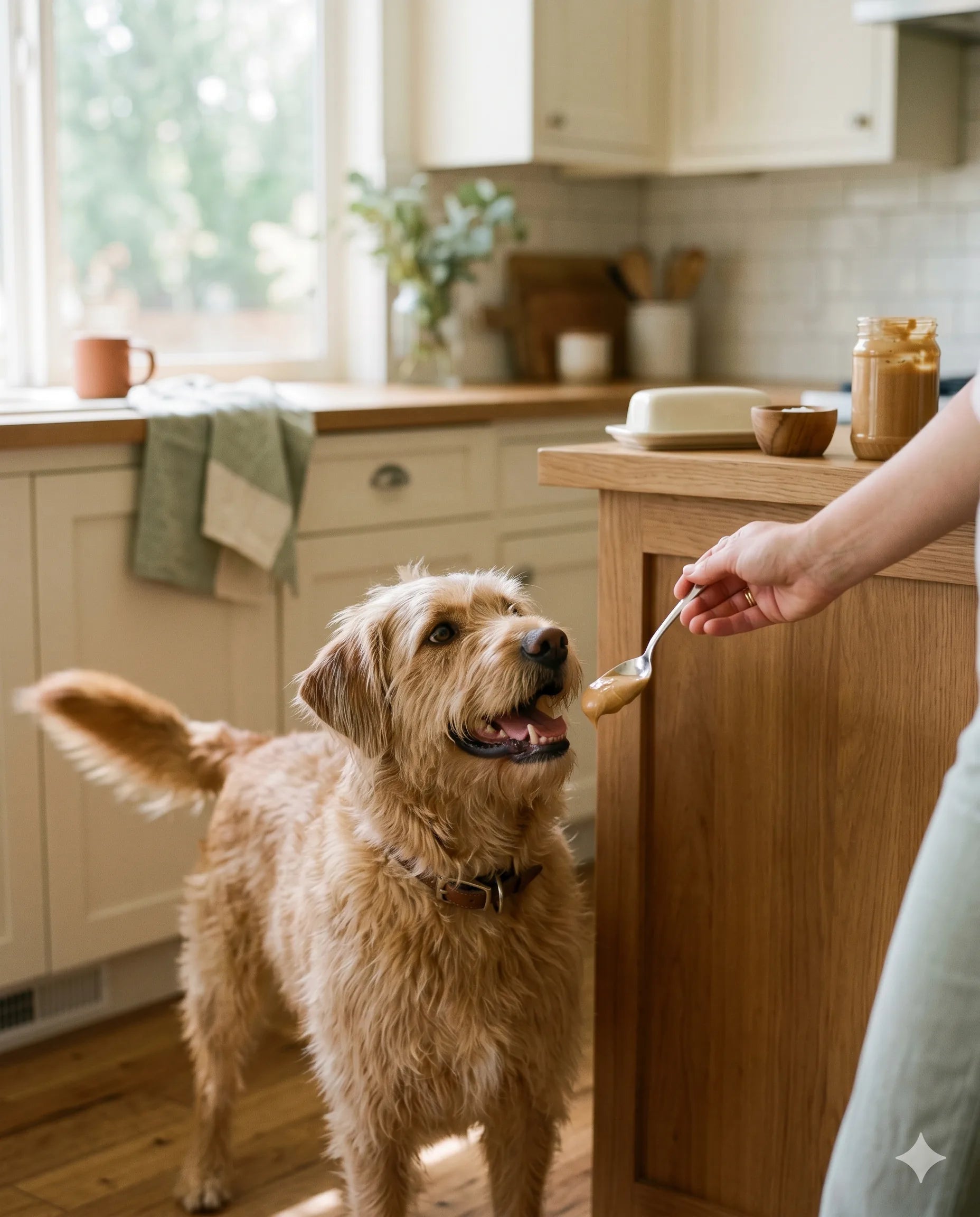 Dog being offered peanut butter on a spoon in a kitchen as a human-food pill hiding method