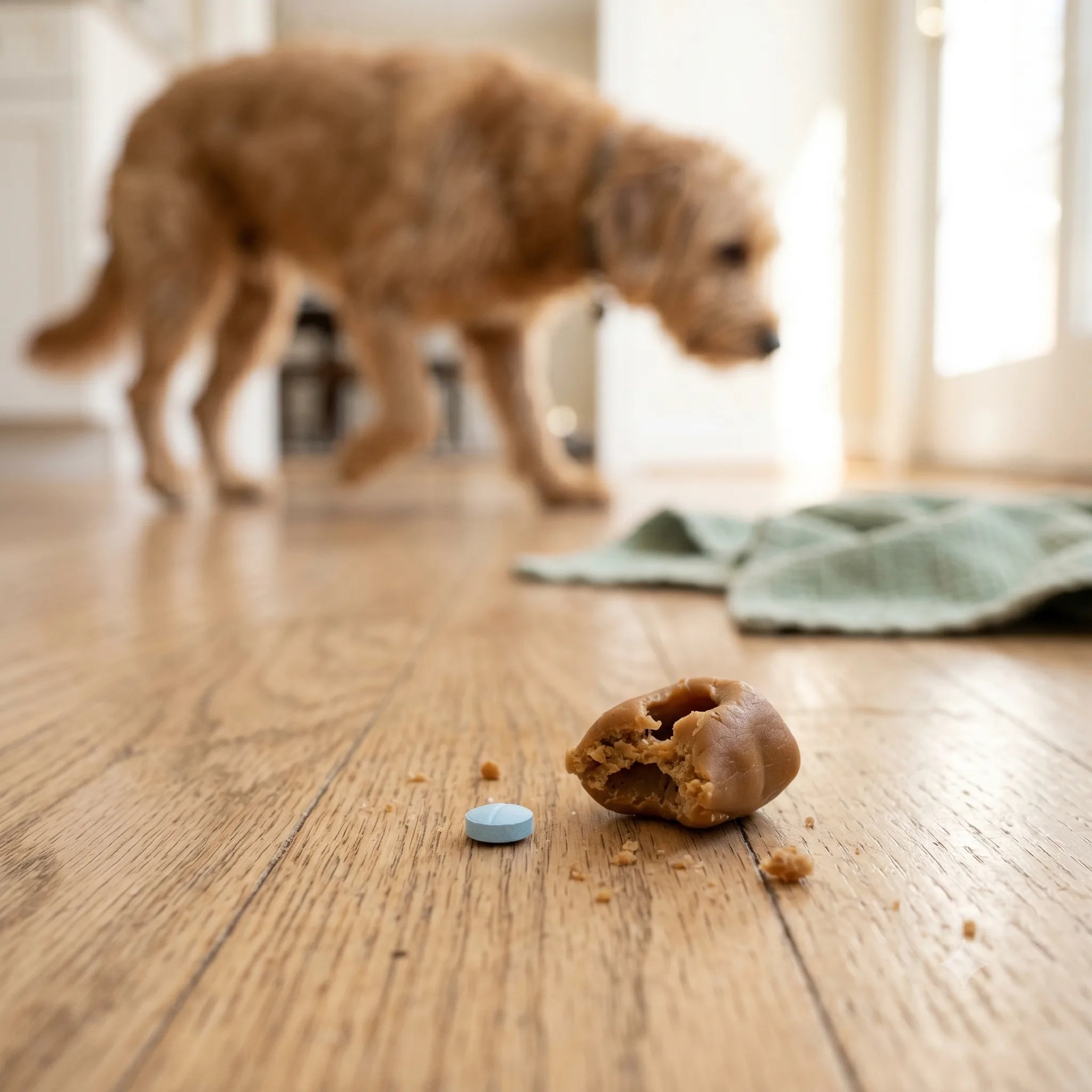 Rejected pill and chewed treat on the floor after a failed pill-hiding attempt