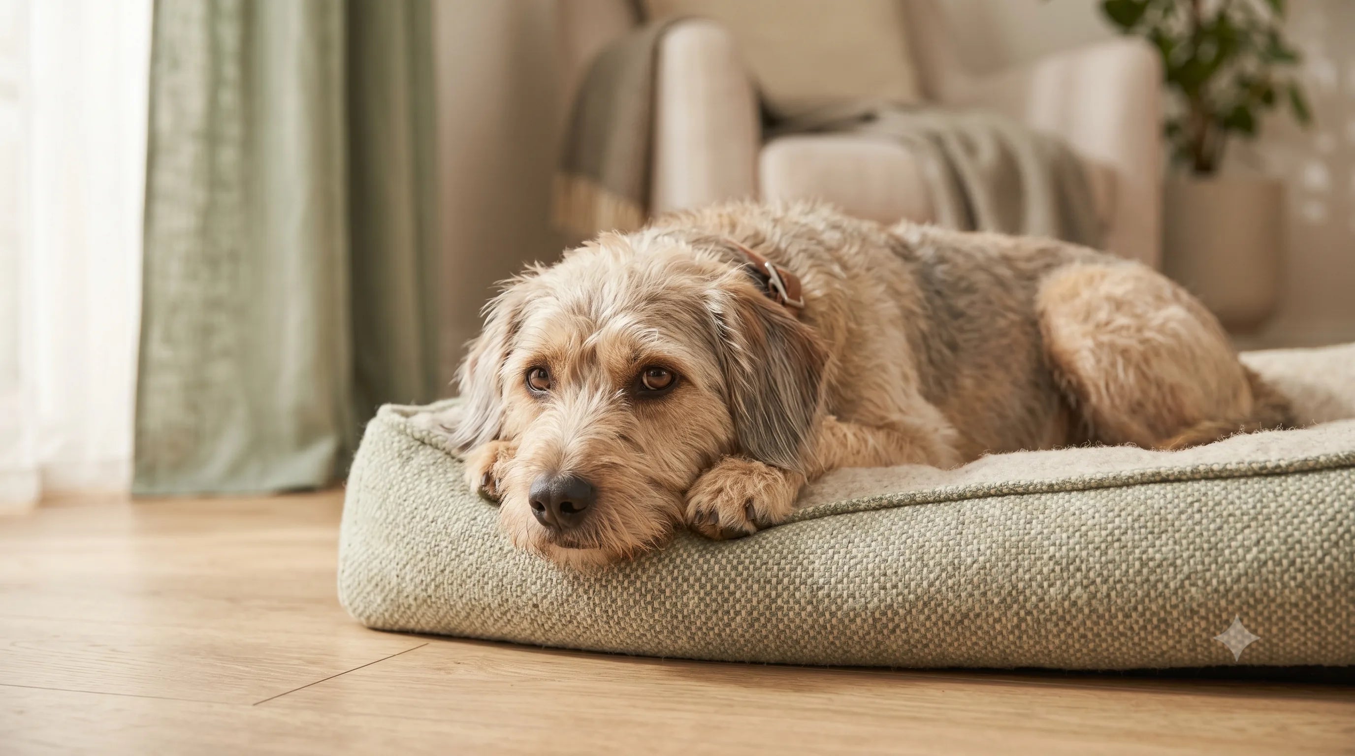 Dog resting quietly on a bed, representing the gut and energy issues that can show up during daily pill routines