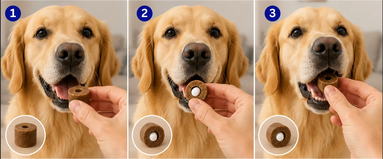 Three-step TuckBites ritual showing a dog taking a pill-hidden chew