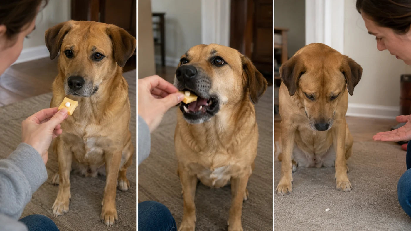 A dog being offered a hidden pill, eating the cheese, and leaving the pill behind