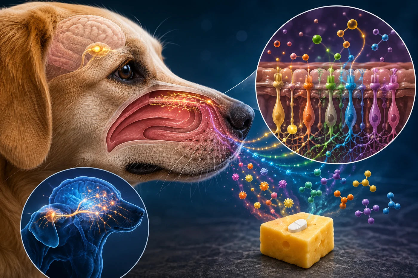 Dog nose science visual showing scent receptors detecting a cheese-wrapped pill