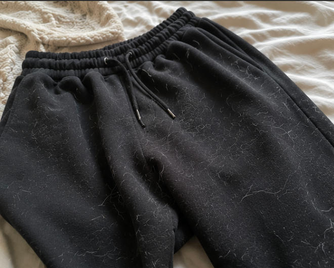 Black pants on a bed covered in pet hair after washing