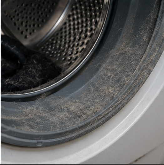 Close-up of pet hair collected along a washer door gasket