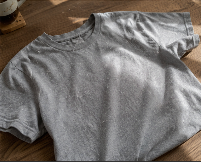 Gray shirt on a table covered with pet hair