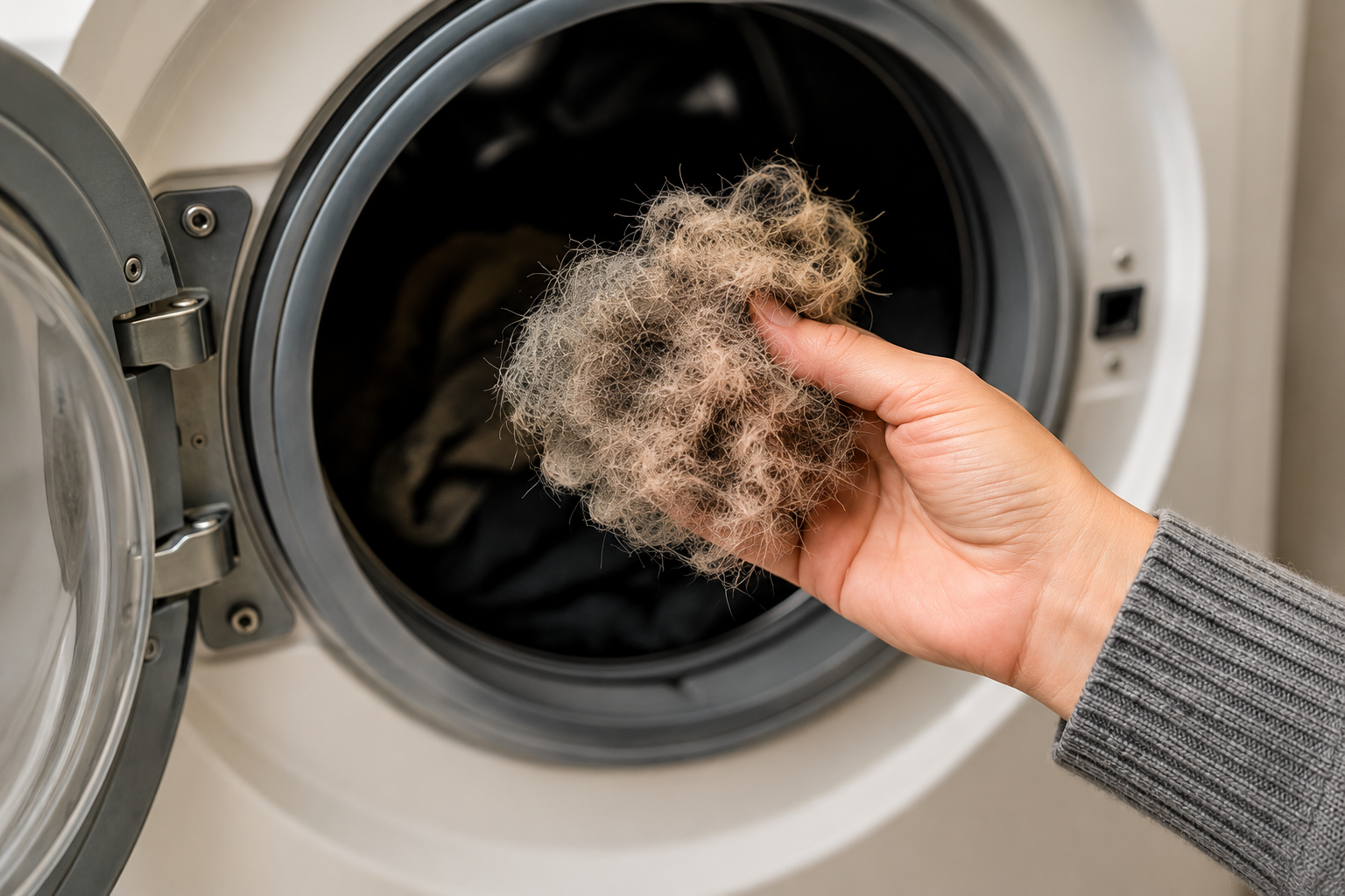 Hand holding a compacted ball of pet hair beside an open washer
