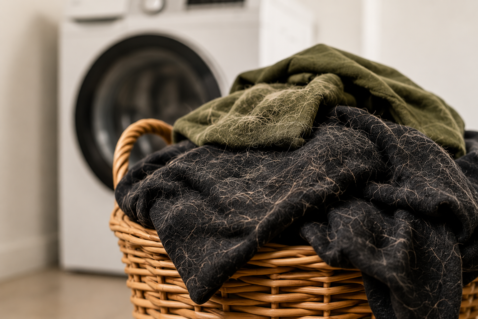 Basket of dark laundry covered in pet hair near a washing machine