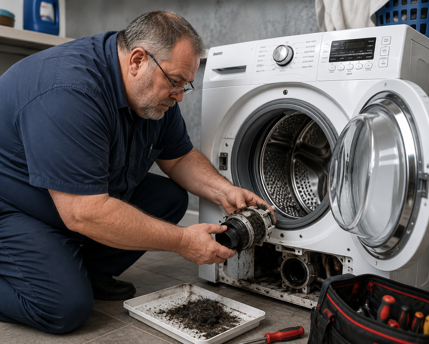 Repair technician inspecting a clogged front-loading washing machine