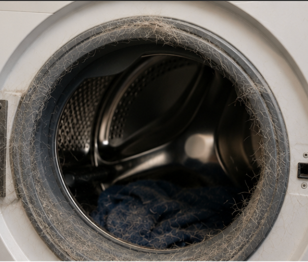 Front-loader rubber gasket lined with pet hair after a wash cycle