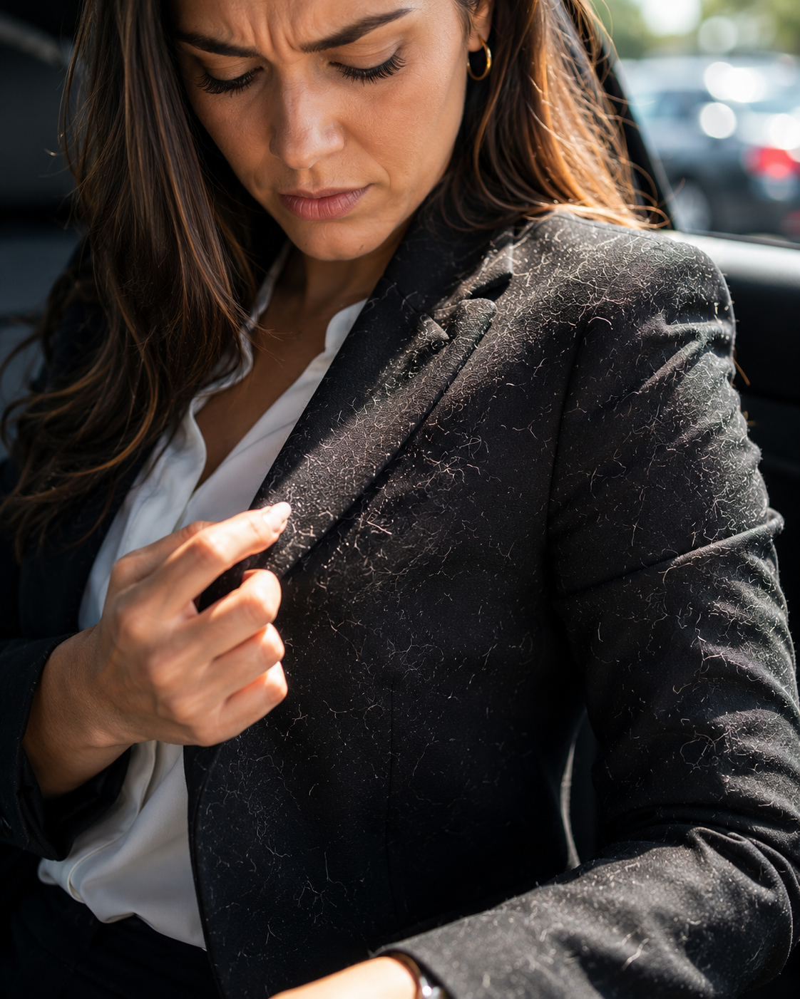 Woman finding pet hair on a black blazer in a car