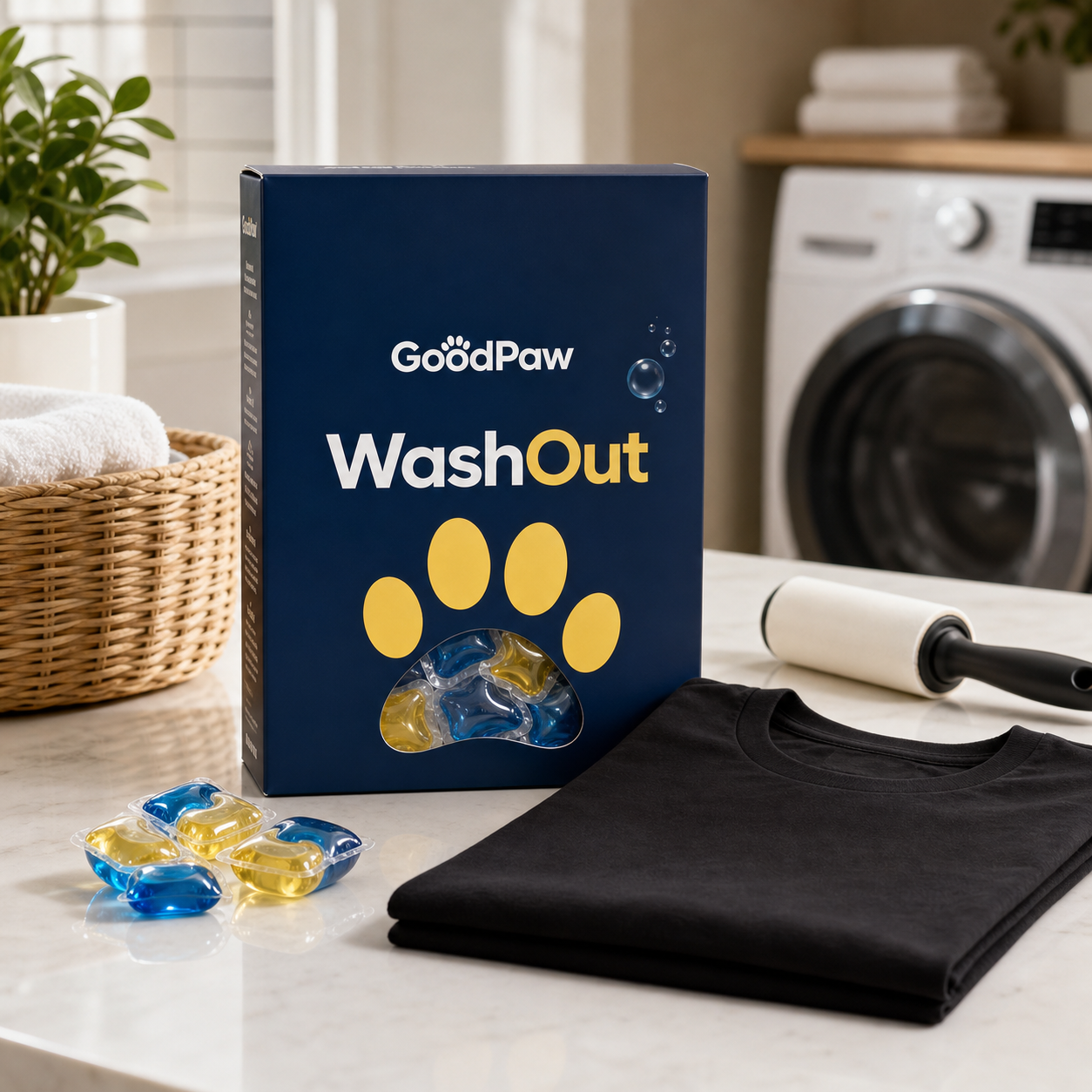 GoodPaw WashOut box beside clean dark laundry