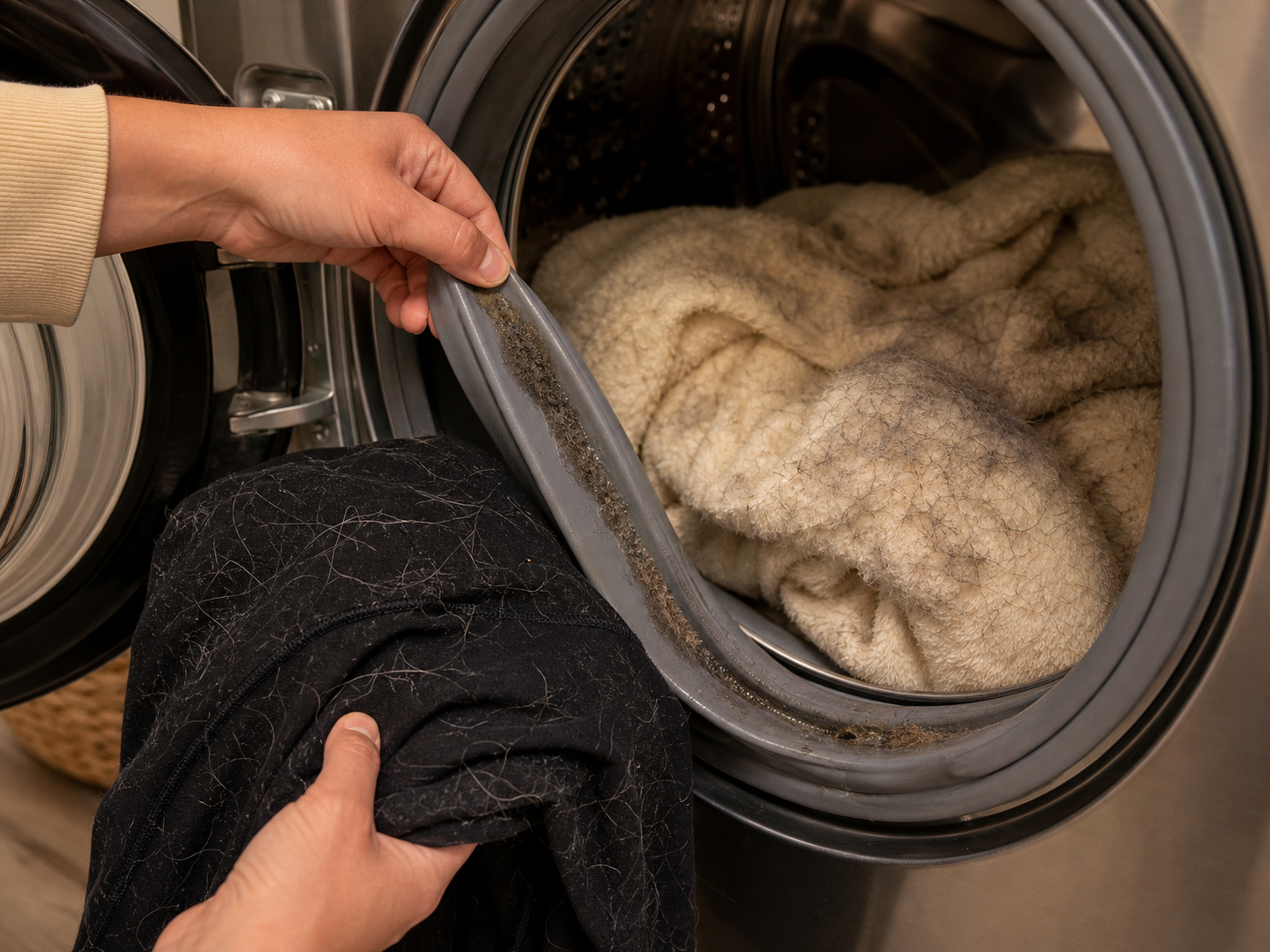 Pet hair stuck in a washing machine gasket with fur-covered dark clothing