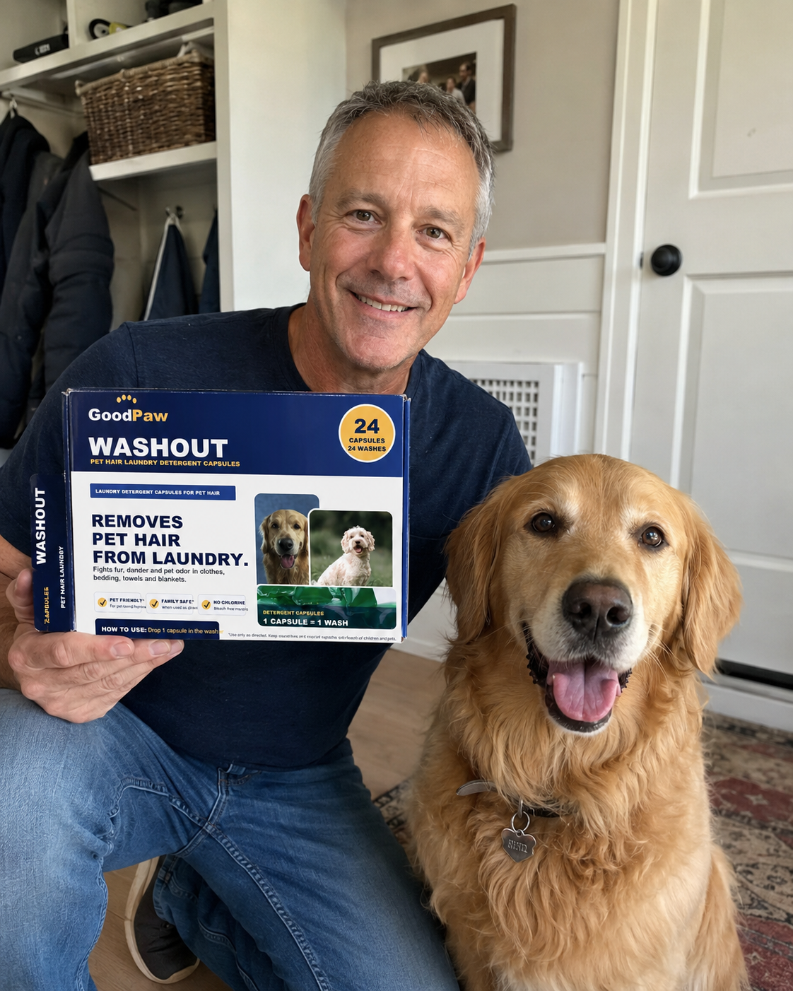 Robert holding GoodPaw WashOut with his dog