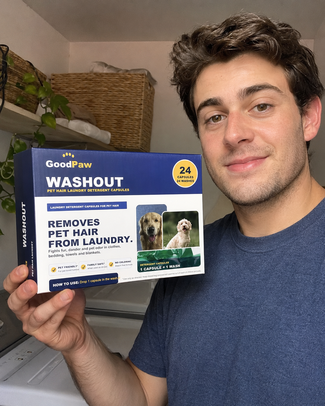 Carl holding GoodPaw WashOut in a laundry room